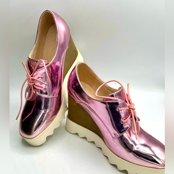 Womens Brogue Patent Leather Wedge Heels Creepers Pink Punk Shoes US 7/EU 37 - Picture 6 of 8